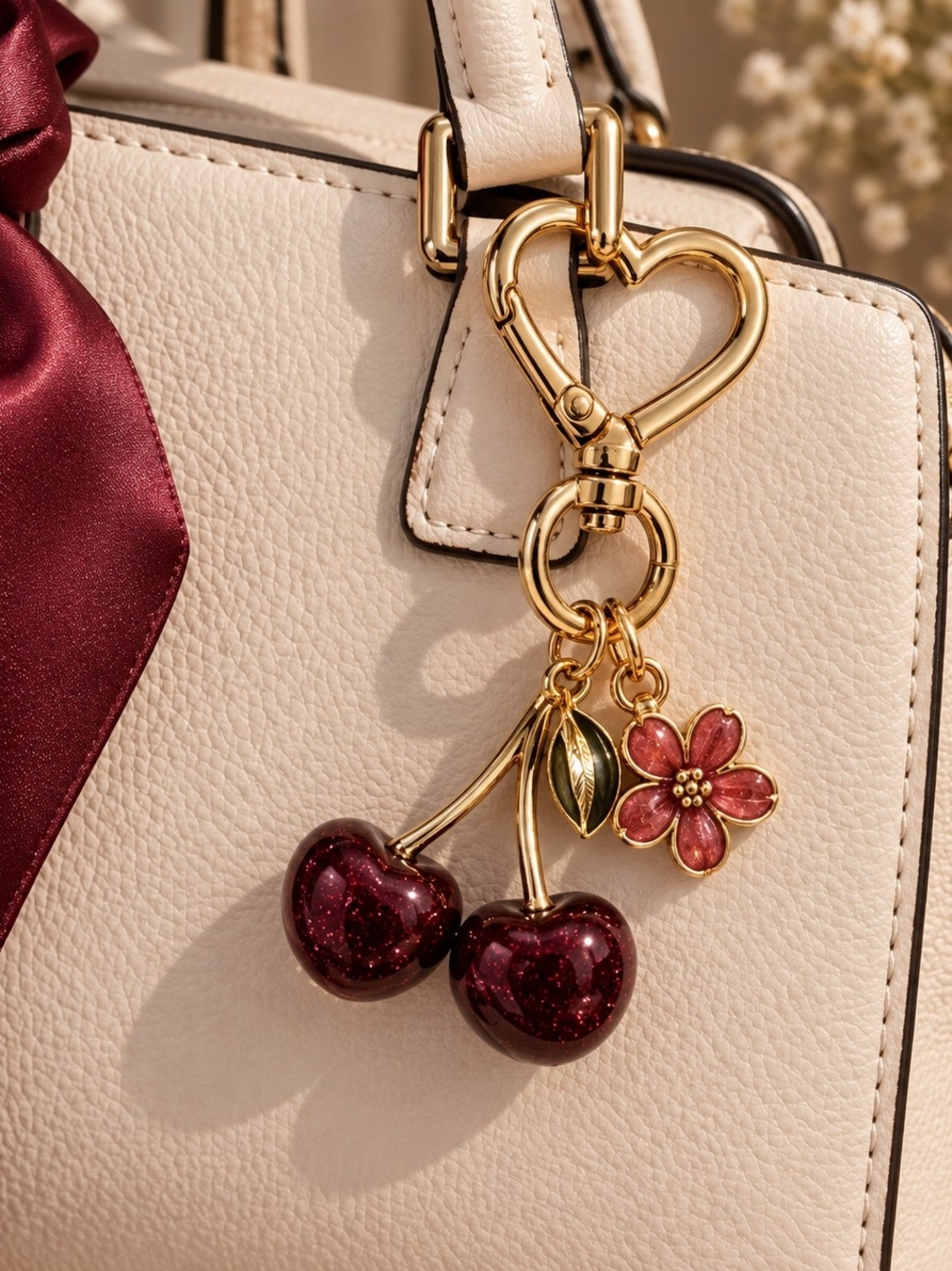 Burgundy Red Cherry Gold Tone Purse Bag Charm New